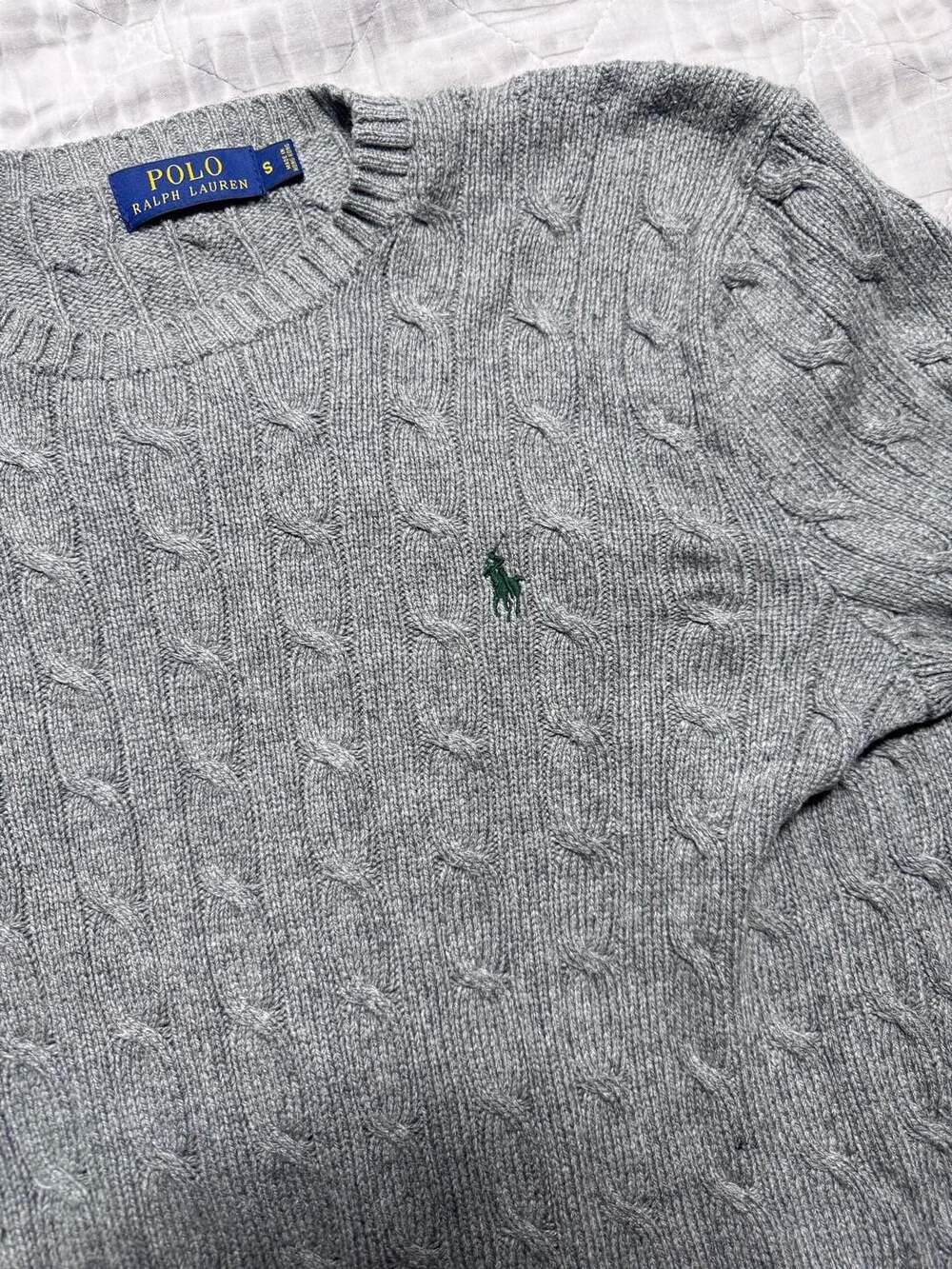 Polo Ralph Lauren Cable Knit Crew Neck Sweater Size S Gray Olive Pony